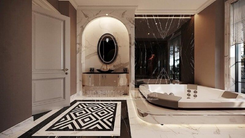 Bố trí nội thất phòng tắm có bồn đẹp, sang trọng tại biệt thự Vinhomes Imperia Hải Phòng.