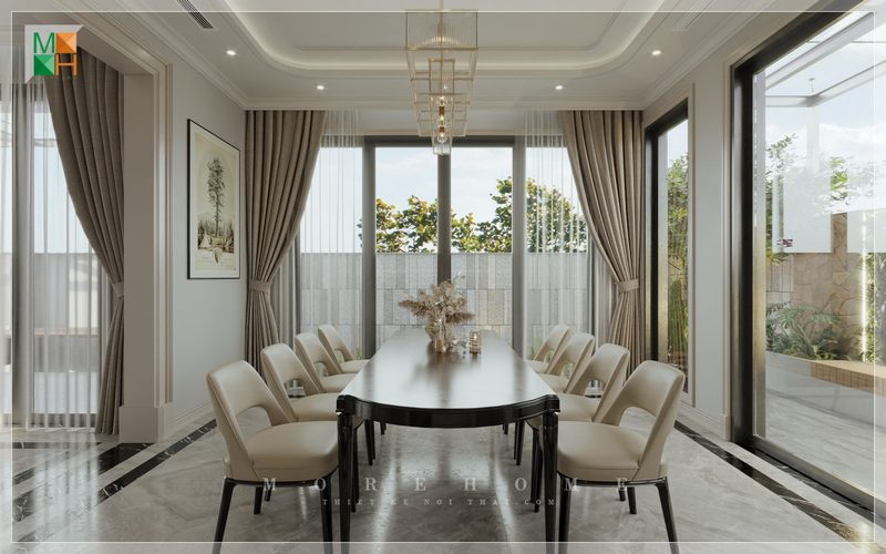 Phòng ăn nhà phố, biệt thự nội thất thiết kế với phong cách hiện đại không gian thoáng đãng đón nhận nguồn ánh sáng tự nhiên.