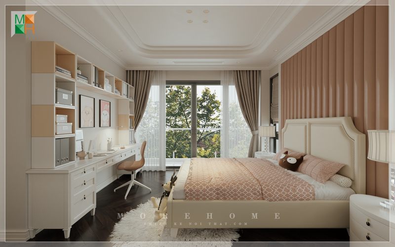 Giường ngủ gỗ tự nhiên màu trắng hiện đại sử dụng tiện nghi mang tới những giấc ngủ ngon sau một ngày dài học tập căng thẳng và mệt mỏi.