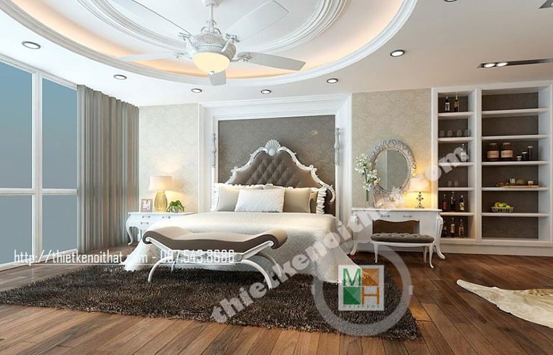 Mẫu kệ tủ gỗ công nghiệp có màu trắng hiện đại và đa năng, được sử dụng để trang trí phòng ngủ.