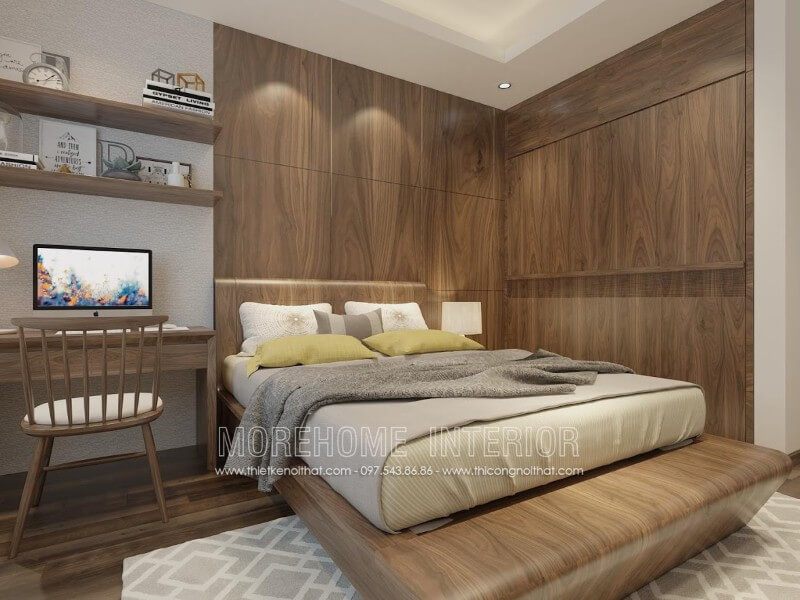 Morehome đề nghị bạn một mẫu thiết kế tủ quần áo âm tường bằng gỗ óc chó cao cấp với kiểu dáng hiện đại và đẹp mắt tại biệt thự Hà Nội.